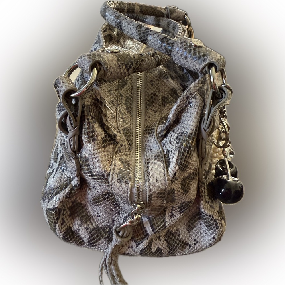 COLE HAAN Genuine Leather Snake Print Embossed Beige/Brown Satchel Shoulderbag - Picture 3 of 17
